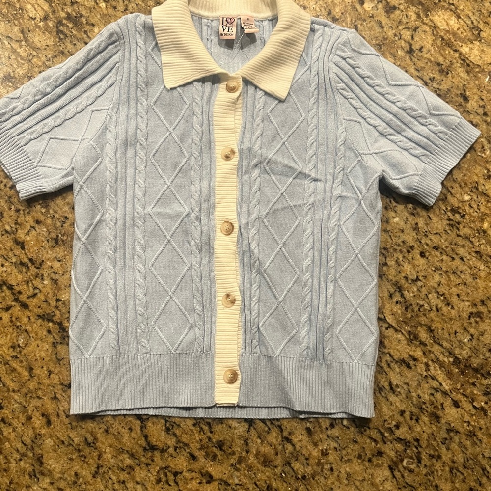 Love By Design Light Blue Knit Polo Cardigan with Cream Trim